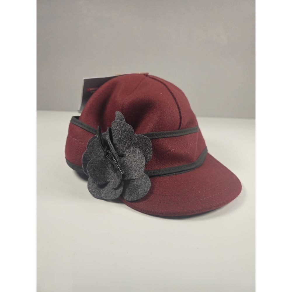 Stormy Kromer Mackinaw Cap Womens 7 1/4 Burgundy Wool Earflap Flower NWT